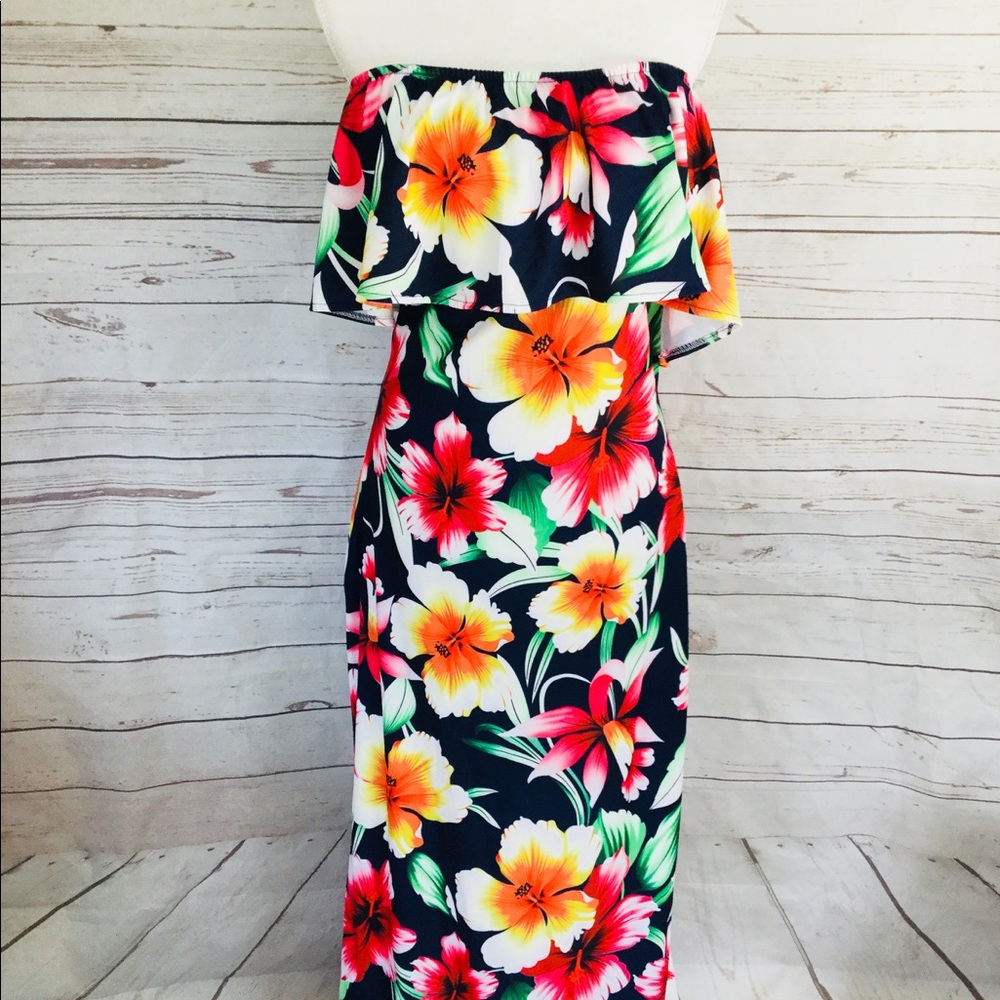 Hawaiian Maxi Dress Off The Shoulder Hibiscus Pink